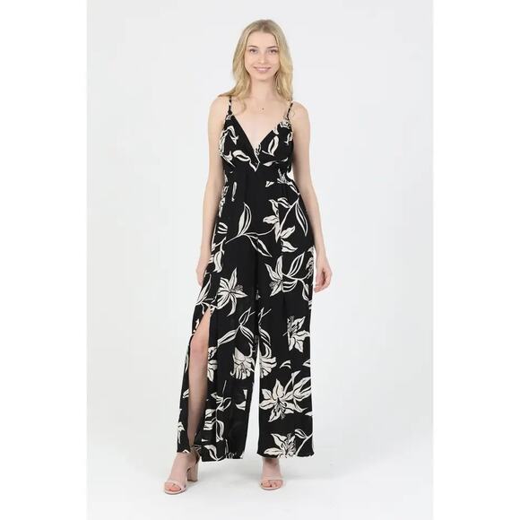 Angie Pants - Angie Angie Jumpsuit w/ Slit Pant Floral Black L